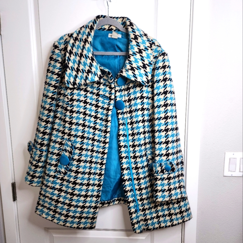 Jessica London Blue Cream Black Houndstooth Coat